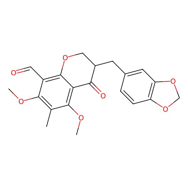 2D Structure of (3R)-3-(1,3-benzodioxol-5-ylmethyl)-5,7-dimethoxy-6-methyl-4-oxo-2,3-dihydrochromene-8-carbaldehyde