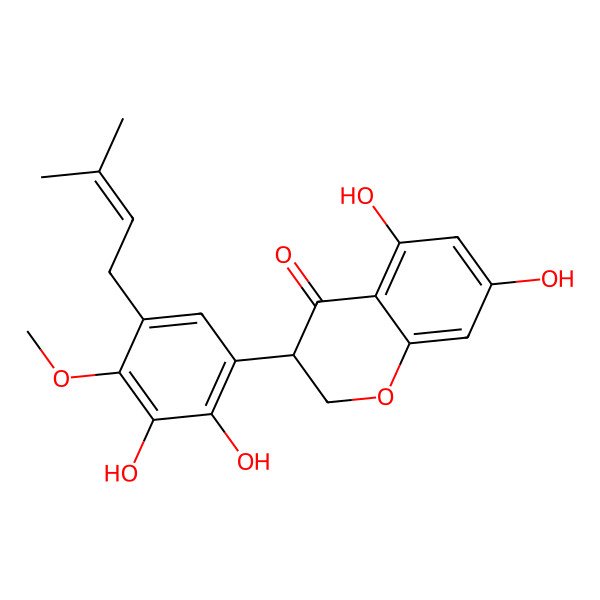 2D Structure of (3R)-3-[2,3-dihydroxy-4-methoxy-5-(3-methylbut-2-enyl)phenyl]-5,7-dihydroxy-2,3-dihydrochromen-4-one