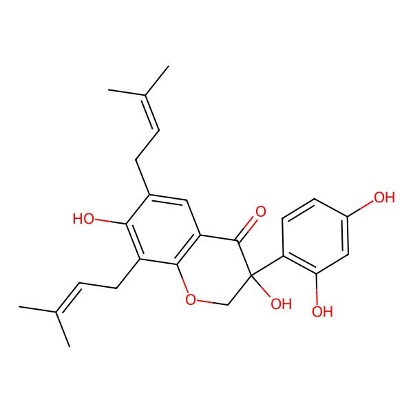 2D Structure of (3R)-3-(2,4-dihydroxyphenyl)-3,7-dihydroxy-6,8-bis(3-methylbut-2-enyl)-2H-chromen-4-one 2D Structure of (3R)-3-(2,4-dihydroxyphenyl)-3,7-dihydroxy-6,8-bis(3-methylbut-2-enyl)-2H-chromen-4-one