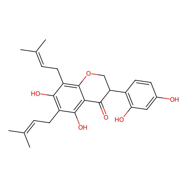2D Structure of (3R)-3-(2,4-dihydroxyphenyl)-5,7-dihydroxy-6,8-bis(3-methylbut-2-enyl)-2,3-dihydrochromen-4-one
