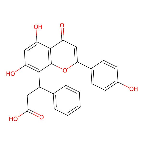 2D Structure of (3R)-3-[5,7-dihydroxy-2-(4-hydroxyphenyl)-4-oxochromen-8-yl]-3-phenylpropanoic acid