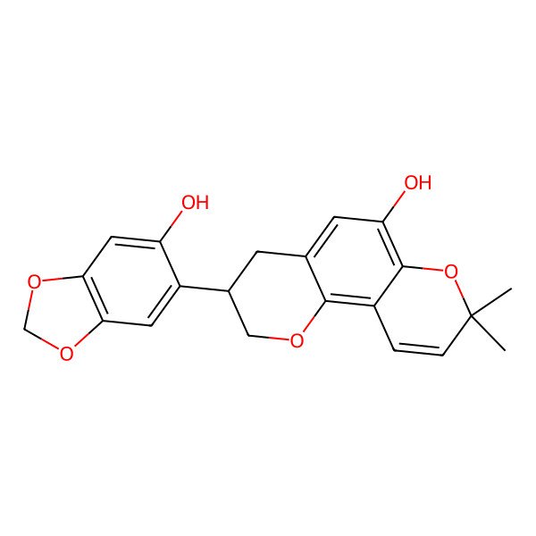2D Structure of (3R)-3-(6-hydroxy-1,3-benzodioxol-5-yl)-8,8-dimethyl-3,4-dihydro-2H-pyrano[2,3-f]chromen-6-ol
