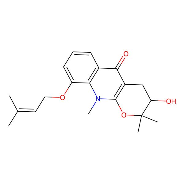 2D Structure of (3R)-3-hydroxy-2,2,10-trimethyl-9-(3-methylbut-2-enoxy)-3,4-dihydropyrano[2,3-b]quinolin-5-one