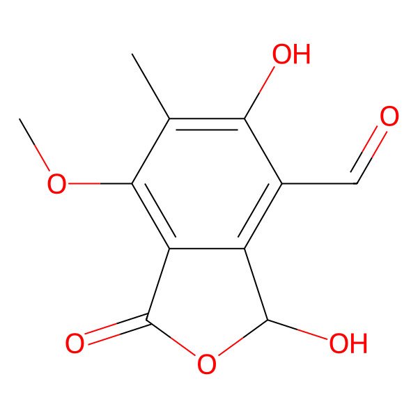 2D Structure of (3R)-3,5-dihydroxy-7-methoxy-6-methyl-1-oxo-3H-2-benzofuran-4-carbaldehyde