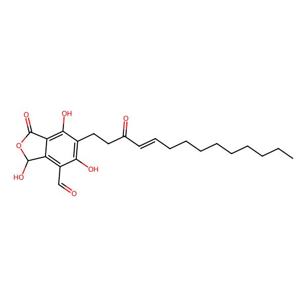 2D Structure of (3R)-3,5,7-trihydroxy-1-oxo-6-[(E)-3-oxotetradec-4-enyl]-3H-2-benzofuran-4-carbaldehyde