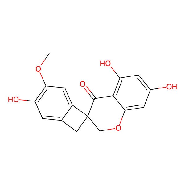 2D Structure of (3R)-3',5,7-trihydroxy-4'-methoxyspiro[2H-chromene-3,7'-bicyclo[4.2.0]octa-1,3,5-triene]-4-one