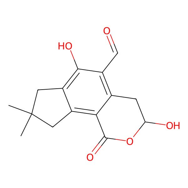 2D Structure of (3R)-3,6-dihydroxy-8,8-dimethyl-1-oxo-3,4,7,9-tetrahydrocyclopenta[h]isochromene-5-carbaldehyde