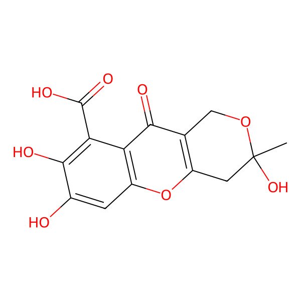 2D Structure of (3R)-3,7,8-trihydroxy-3-methyl-10-oxo-1,4-dihydropyrano[4,3-b]chromene-9-carboxylic acid