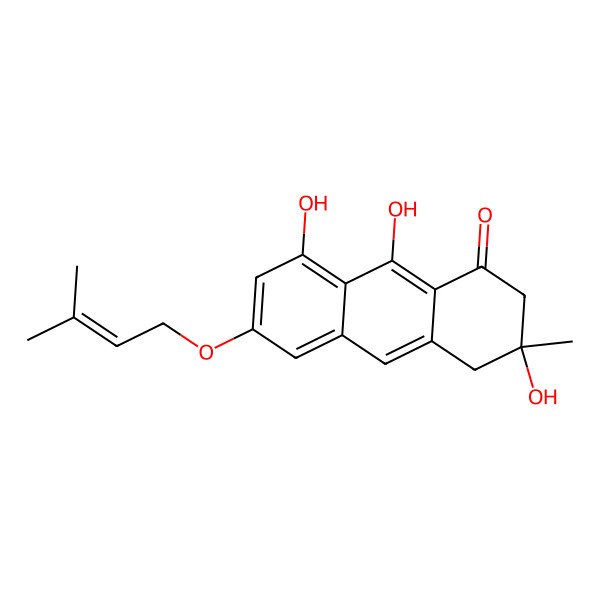 2D Structure of (3R)-3,8,9-trihydroxy-3-methyl-6-(3-methylbut-2-enoxy)-2,4-dihydroanthracen-1-one
