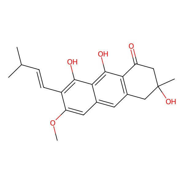 2D Structure of (3R)-3,8,9-trihydroxy-6-methoxy-3-methyl-7-[(E)-3-methylbut-1-enyl]-2,4-dihydroanthracen-1-one