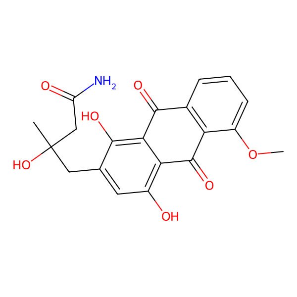 2D Structure of (3R)-4-(1,4-dihydroxy-5-methoxy-9,10-dioxoanthracen-2-yl)-3-hydroxy-3-methylbutanamide