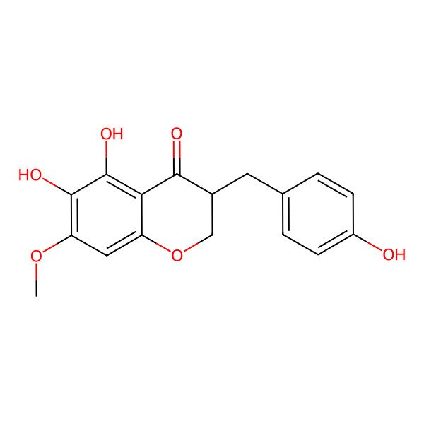 2D Structure of (3R)-5,6-dihydroxy-3-[(4-hydroxyphenyl)methyl]-7-methoxy-2,3-dihydrochromen-4-one