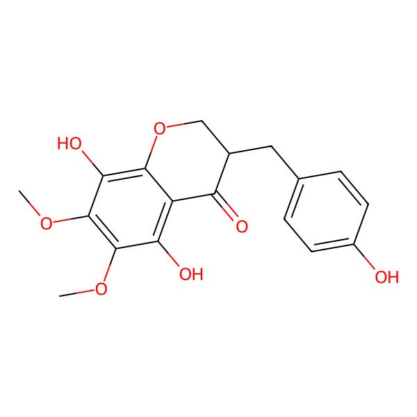 2D Structure of (3R)-5,8-dihydroxy-3-[(4-hydroxyphenyl)methyl]-6,7-dimethoxy-2,3-dihydrochromen-4-one
