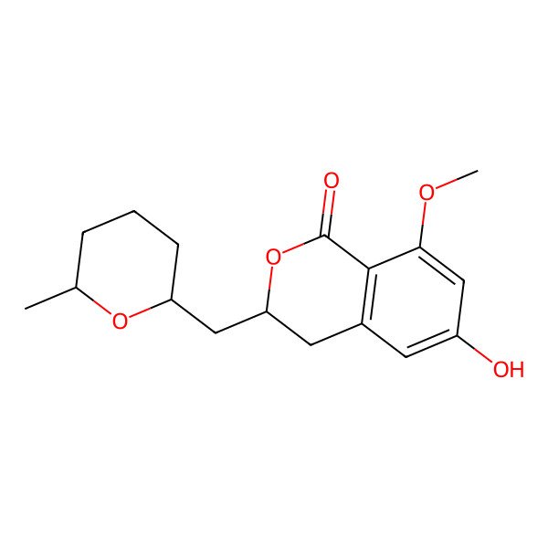 2D Structure of (3R)-6-hydroxy-8-methoxy-3-[[(2R,6S)-6-methyloxan-2-yl]methyl]-3,4-dihydroisochromen-1-one