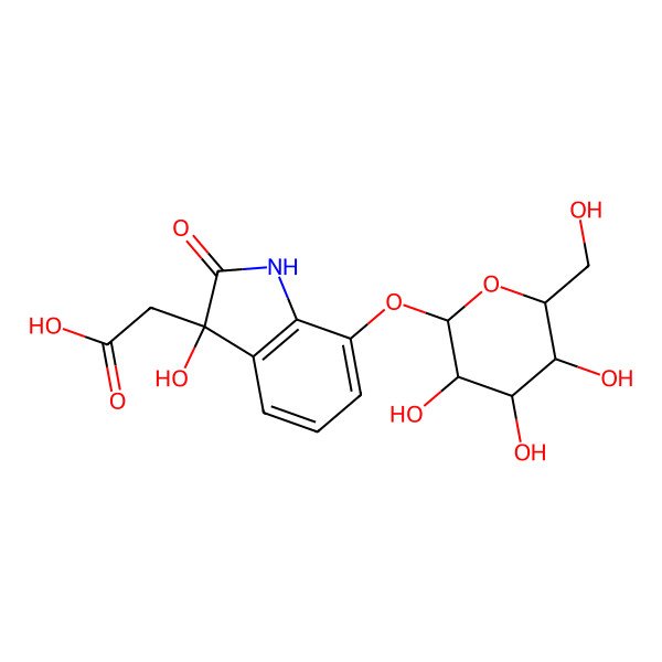 2D Structure of (3R)-7-(beta-D-Glucopyranosyloxy)-2,3-dihydro-3-hydroxy-2-oxo-1H-indole-3-acetic acid