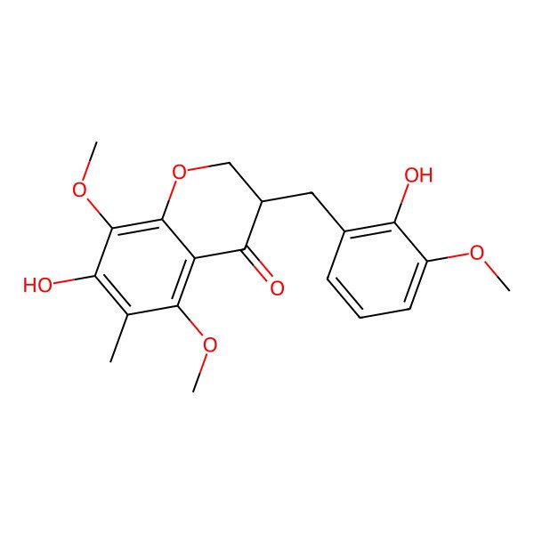 2D Structure of (3R)-7-hydroxy-3-[(2-hydroxy-3-methoxyphenyl)methyl]-5,8-dimethoxy-6-methyl-2,3-dihydrochromen-4-one