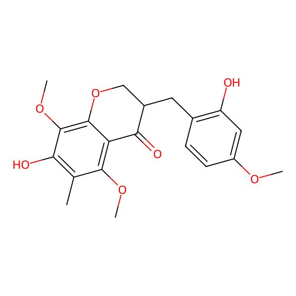 2D Structure of (3R)-7-hydroxy-3-[(2-hydroxy-4-methoxyphenyl)methyl]-5,8-dimethoxy-6-methyl-2,3-dihydrochromen-4-one