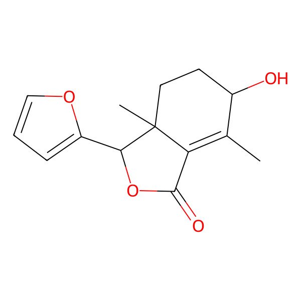 2D Structure of (3R,3aR,6S)-3-(furan-2-yl)-6-hydroxy-3a,7-dimethyl-3,4,5,6-tetrahydro-2-benzofuran-1-one 2D Structure of (3R,3aR,6S)-3-(furan-2-yl)-6-hydroxy-3a,7-dimethyl-3,4,5,6-tetrahydro-2-benzofuran-1-one