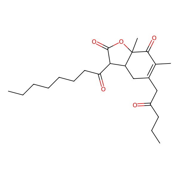 2D Structure of (3R,3aR,7aS)-6,7a-dimethyl-3-octanoyl-5-(2-oxopentyl)-3a,4-dihydro-3H-1-benzofuran-2,7-dione