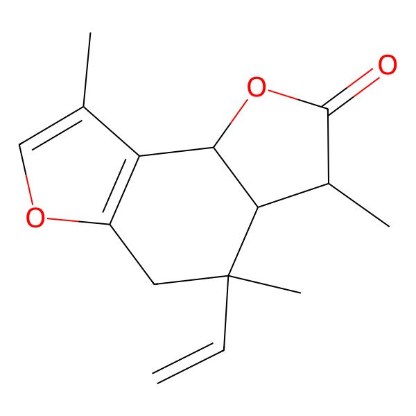 2D Structure of (3R,3aS,4R,8bS)-4-ethenyl-3,4,8-trimethyl-3,3a,5,8b-tetrahydrofuro[2,3-e][1]benzofuran-2-one
