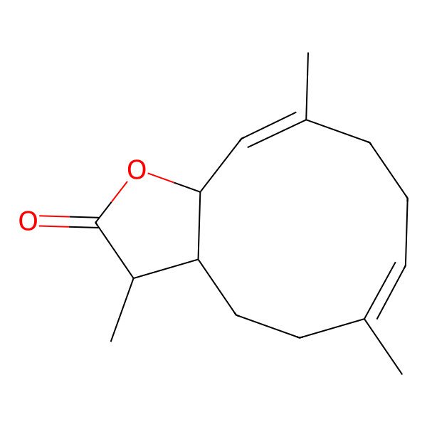 2D Structure of (3R,3aS,6E,10E,11aS)-3,6,10-trimethyl-3a,4,5,8,9,11a-hexahydro-3H-cyclodeca[b]furan-2-one