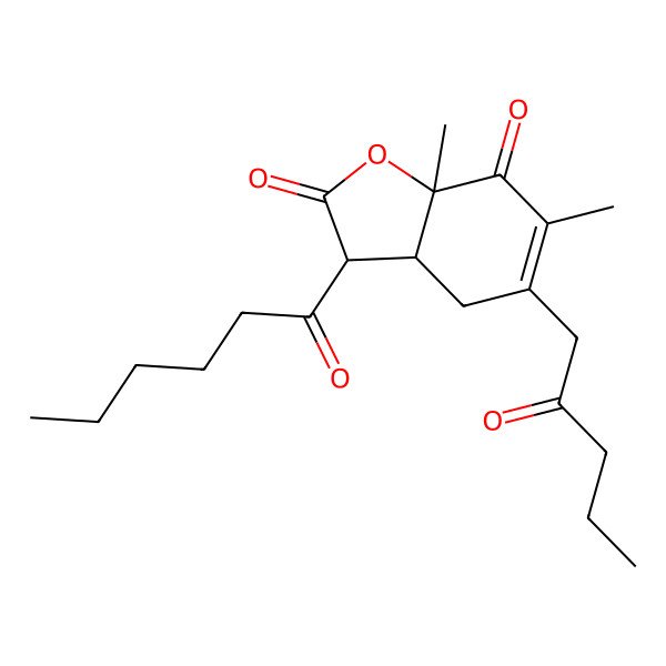 2D Structure of (3R,3aS,7aS)-3-hexanoyl-6,7a-dimethyl-5-(2-oxopentyl)-3a,4-dihydro-3H-1-benzofuran-2,7-dione