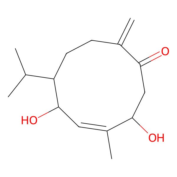 2D Structure of (3R,4E,6R,7S)-3,6-dihydroxy-4-methyl-10-methylidene-7-propan-2-ylcyclodec-4-en-1-one