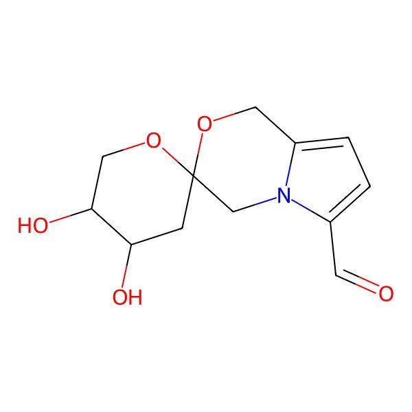 2D Structure of (3R,4'S,5'R)-4',5'-dihydroxyspiro[1,4-dihydropyrrolo[2,1-c][1,4]oxazine-3,2'-oxane]-6-carbaldehyde