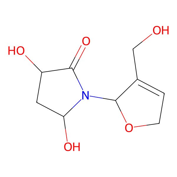 2D Structure of (3R,5R)-3,5-dihydroxy-1-[(2R)-3-(hydroxymethyl)-2,5-dihydrofuran-2-yl]pyrrolidin-2-one