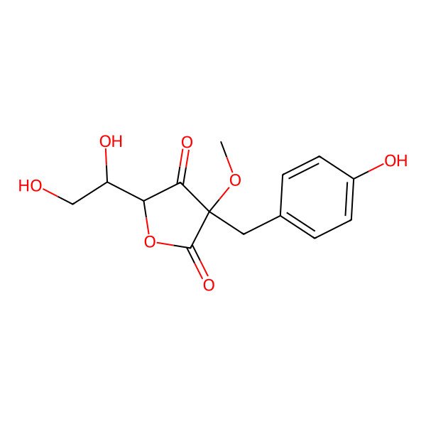 2D Structure of (3R,5R)-5-[(1R)-1,2-dihydroxyethyl]-3-[(4-hydroxyphenyl)methyl]-3-methoxyoxolane-2,4-dione