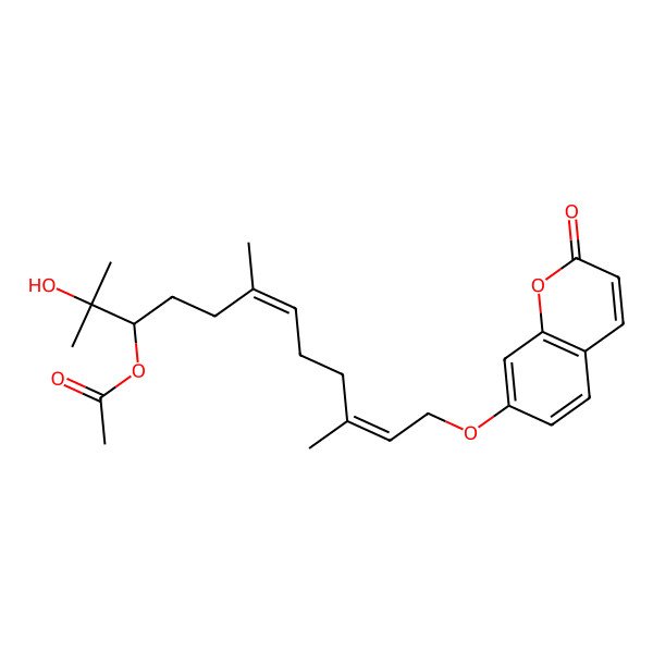 2D Structure of [(3R,6E,10E)-2-hydroxy-2,6,10-trimethyl-12-(2-oxochromen-7-yl)oxydodeca-6,10-dien-3-yl] acetate