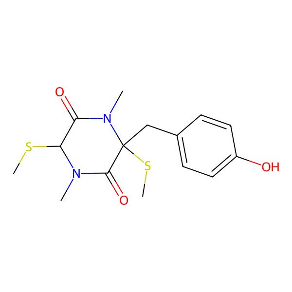 2D Structure of (3R,6R)-3-[(4-hydroxyphenyl)methyl]-1,4-dimethyl-3,6-bis(methylsulfanyl)piperazine-2,5-dione