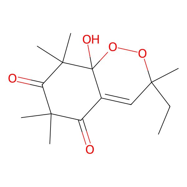 2D Structure of (3R,8aS)-3-ethyl-8a-hydroxy-3,6,6,8,8-pentamethyl-1,2-benzodioxine-5,7-dione 2D Structure of (3R,8aS)-3-ethyl-8a-hydroxy-3,6,6,8,8-pentamethyl-1,2-benzodioxine-5,7-dione