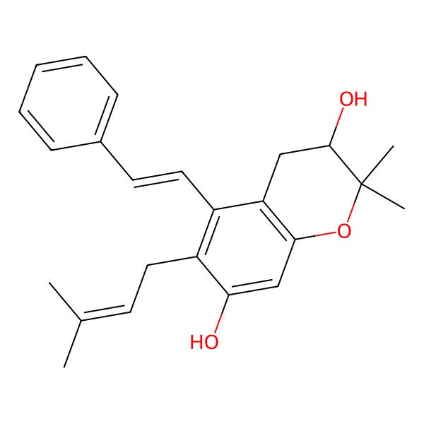 2D Structure of (3S)-2,2-dimethyl-6-(3-methylbut-2-enyl)-5-[(E)-2-phenylethenyl]-3,4-dihydrochromene-3,7-diol