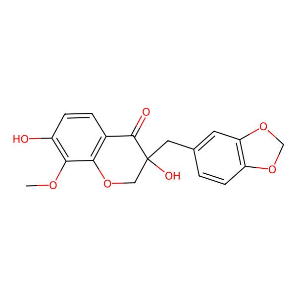 2D Structure of (3S)-3-(1,3-benzodioxol-5-ylmethyl)-3,7-dihydroxy-8-methoxy-2H-chromen-4-one