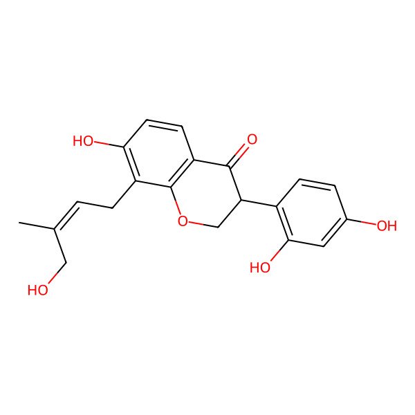 2D Structure of (3S)-3-(2,4-dihydroxyphenyl)-7-hydroxy-8-[(E)-4-hydroxy-3-methylbut-2-enyl]-2,3-dihydrochromen-4-one