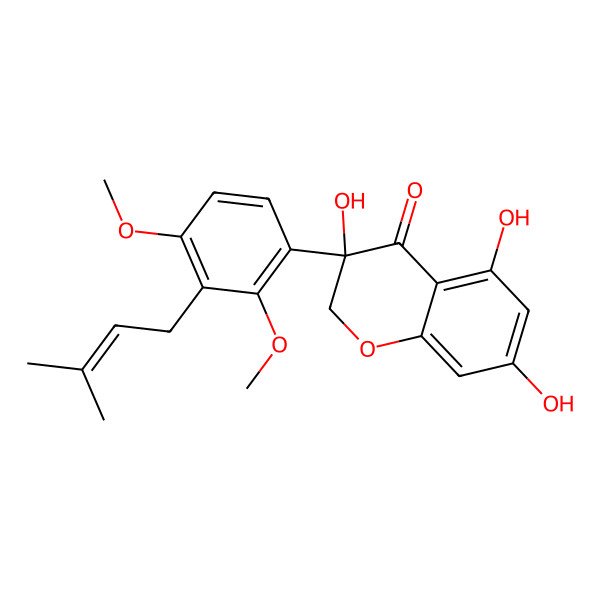 2D Structure of (3S)-3-[2,4-dimethoxy-3-(3-methylbut-2-enyl)phenyl]-3,5,7-trihydroxy-2H-chromen-4-one