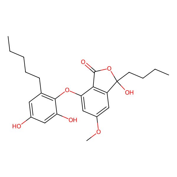2D Structure of (3S)-3-butyl-7-(2,4-dihydroxy-6-pentylphenoxy)-3-hydroxy-5-methoxy-2-benzofuran-1-one