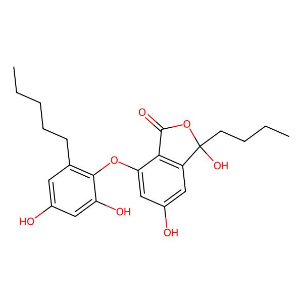 2D Structure of (3S)-3-butyl-7-(2,4-dihydroxy-6-pentylphenoxy)-3,5-dihydroxy-2-benzofuran-1-one