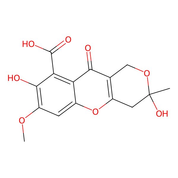 2D Structure of (3S)-3,8-dihydroxy-7-methoxy-3-methyl-10-oxo-1,4-dihydropyrano[4,3-b]chromene-9-carboxylic acid