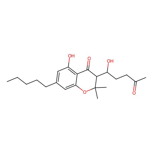2D Structure of (3S)-5-hydroxy-3-[(1R)-1-hydroxy-4-oxopentyl]-2,2-dimethyl-7-pentyl-3H-chromen-4-one
