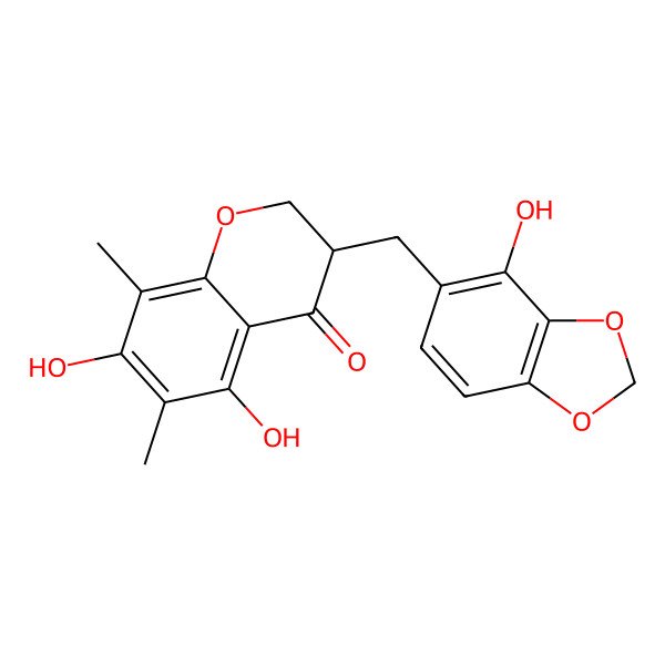 2D Structure of (3S)-5,7-dihydroxy-3-[(4-hydroxy-1,3-benzodioxol-5-yl)methyl]-6,8-dimethyl-2,3-dihydrochromen-4-one