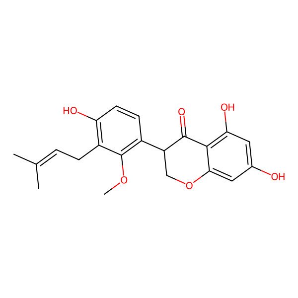 2D Structure of (3S)-5,7-dihydroxy-3-[4-hydroxy-2-methoxy-3-(3-methylbut-2-enyl)phenyl]-2,3-dihydrochromen-4-one