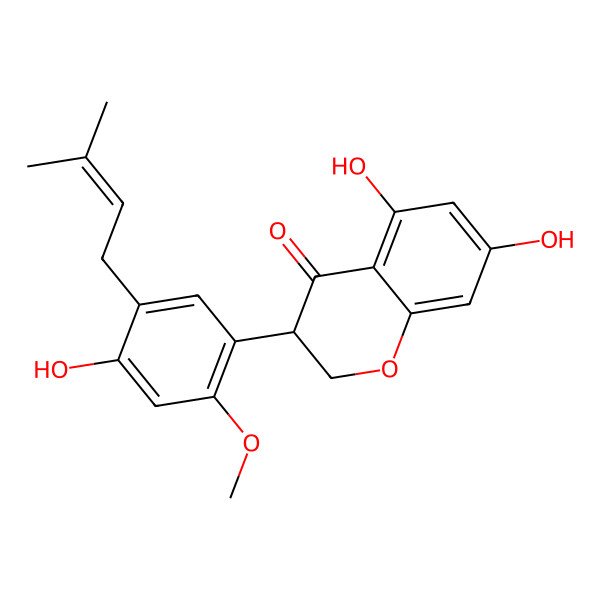 2D Structure of (3S)-5,7-dihydroxy-3-[4-hydroxy-2-methoxy-5-(3-methylbut-2-enyl)phenyl]-2,3-dihydrochromen-4-one