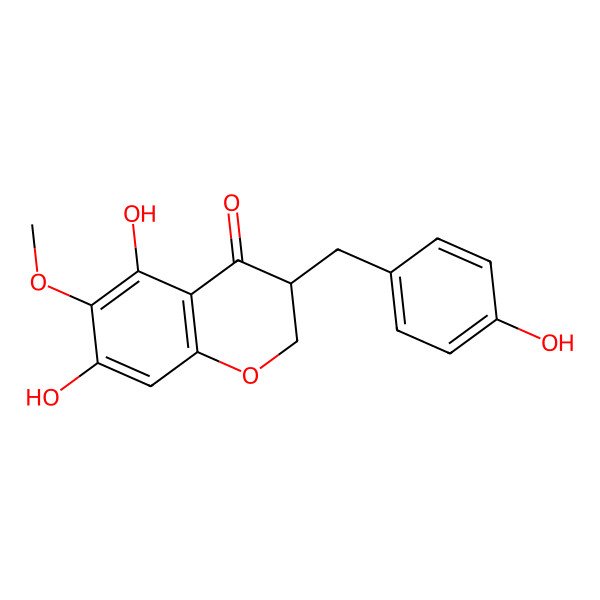 2D Structure of (3S)-5,7-dihydroxy-3-[(4-hydroxyphenyl)methyl]-6-methoxy-2,3-dihydrochromen-4-one