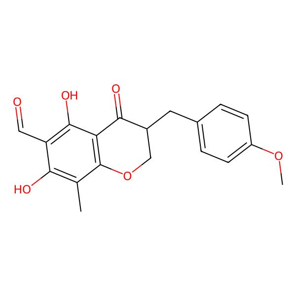 2D Structure of (3S)-5,7-dihydroxy-3-[(4-methoxyphenyl)methyl]-8-methyl-4-oxo-2,3-dihydrochromene-6-carbaldehyde