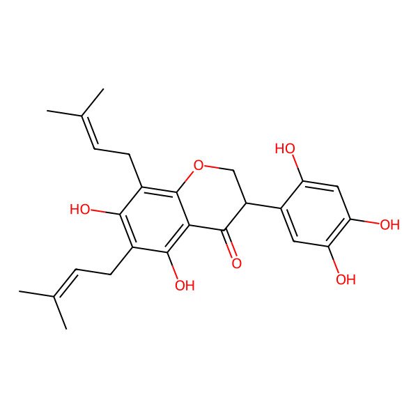2D Structure of (3S)-5,7-dihydroxy-6,8-bis(3-methylbut-2-enyl)-3-(2,4,5-trihydroxyphenyl)-2,3-dihydrochromen-4-one