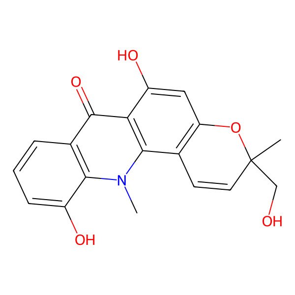 2D Structure of (3S)-6,11-dihydroxy-3-(hydroxymethyl)-3,12-dimethylpyrano[2,3-c]acridin-7-one