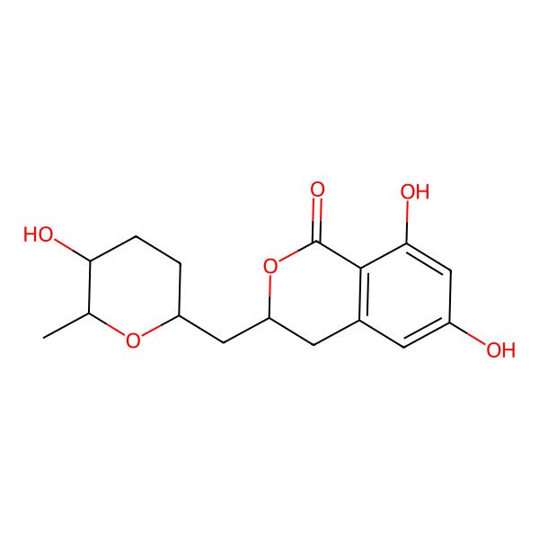 2D Structure of (3S)-6,8-dihydroxy-3-[[(2R,5R,6S)-5-hydroxy-6-methyloxan-2-yl]methyl]-3,4-dihydroisochromen-1-one