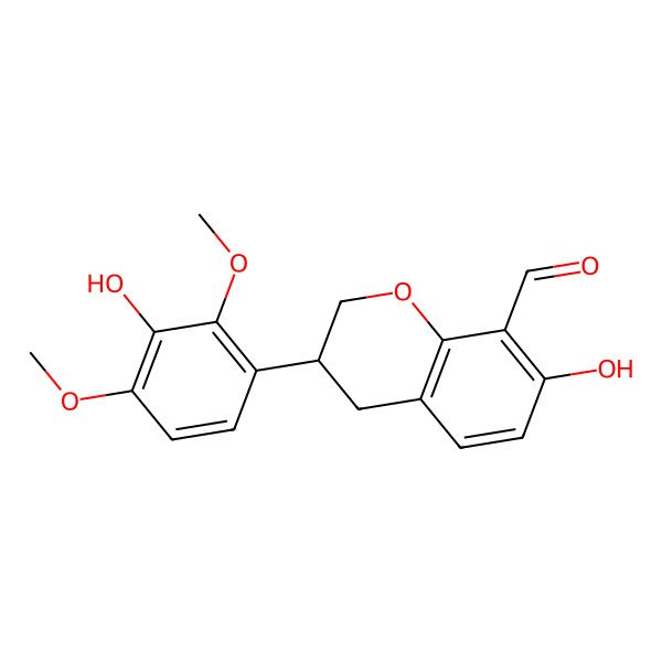 2D Structure of (3S)-7-hydroxy-3-(3-hydroxy-2,4-dimethoxyphenyl)-3,4-dihydro-2H-chromene-8-carbaldehyde